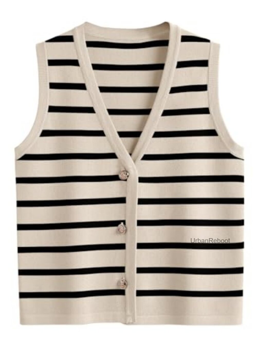 Women's Striped Knit Sweater Vest V-Neck Sleeveless Button Up Fall Top
